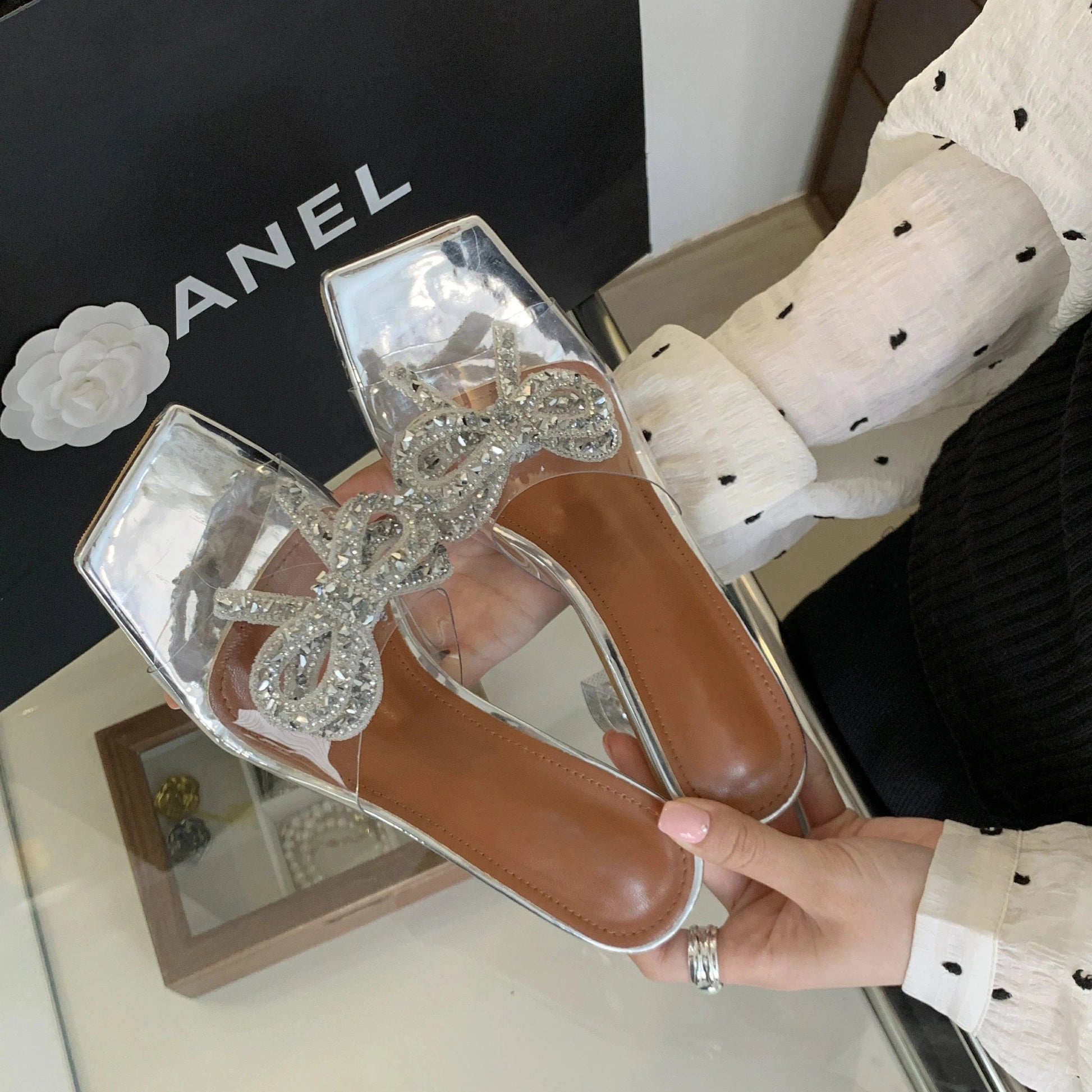 Silver high-heeled shoes new crystal heel transparent heel rhinestone bow sandals women's shoes