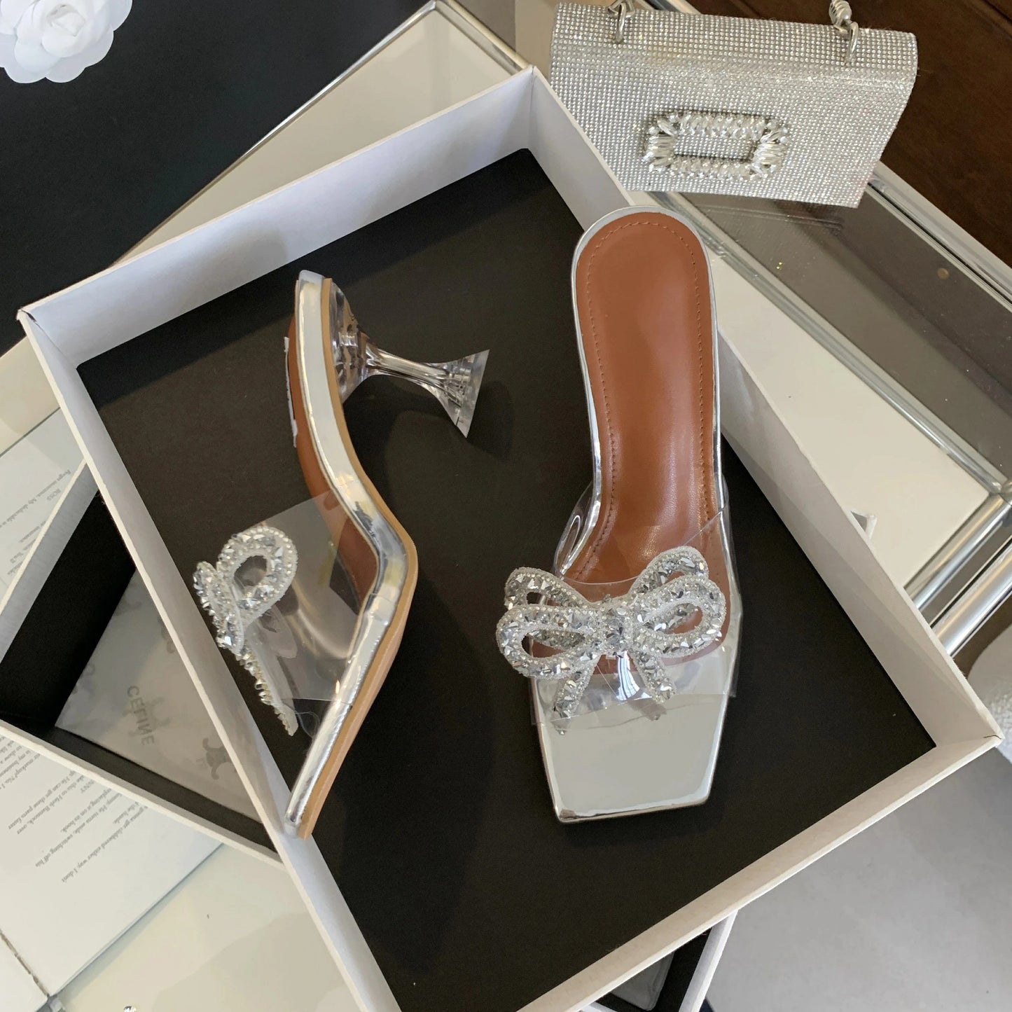 Silver high-heeled shoes new crystal heel transparent heel rhinestone bow sandals women's shoes