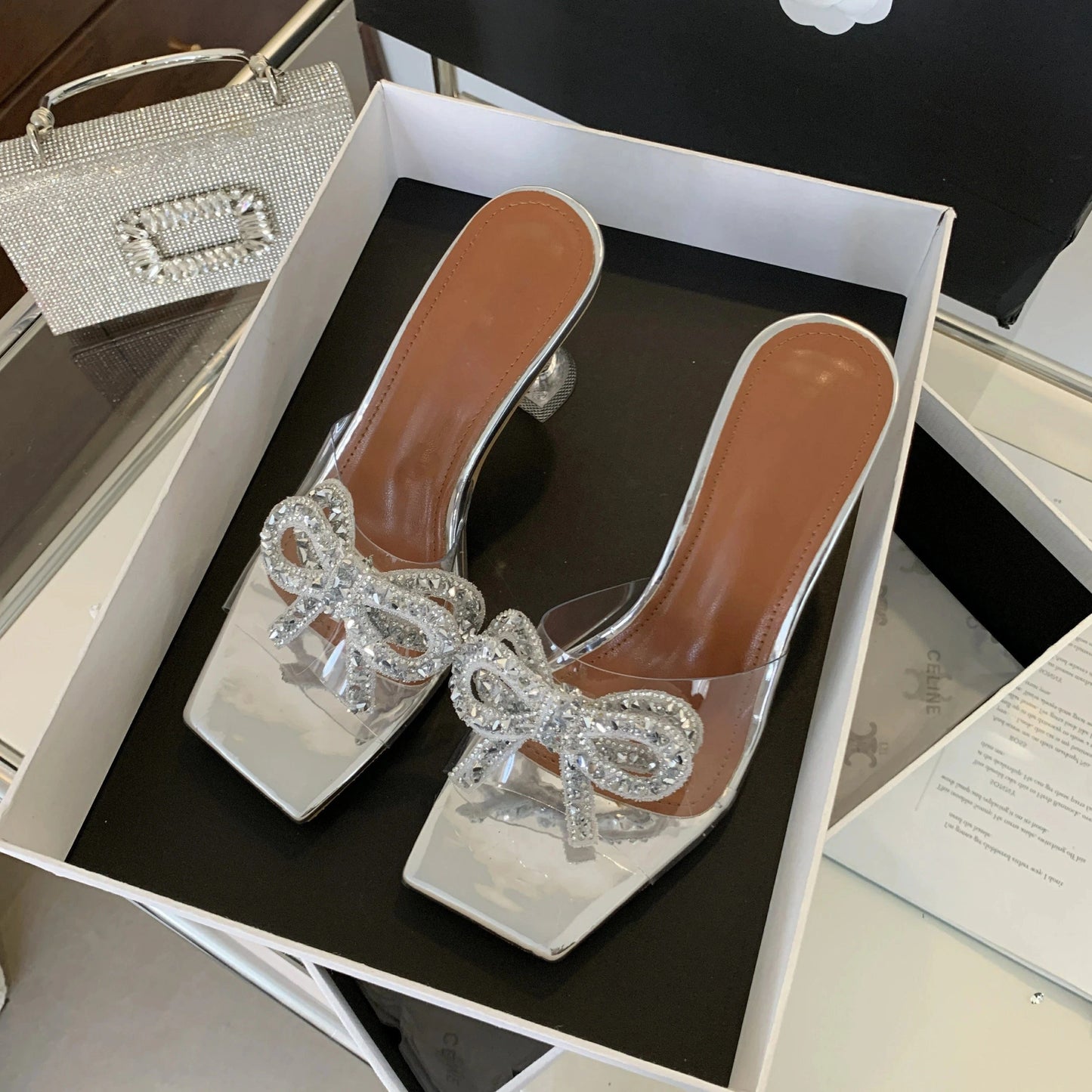 Silver high-heeled shoes new crystal heel transparent heel rhinestone bow sandals women's shoes