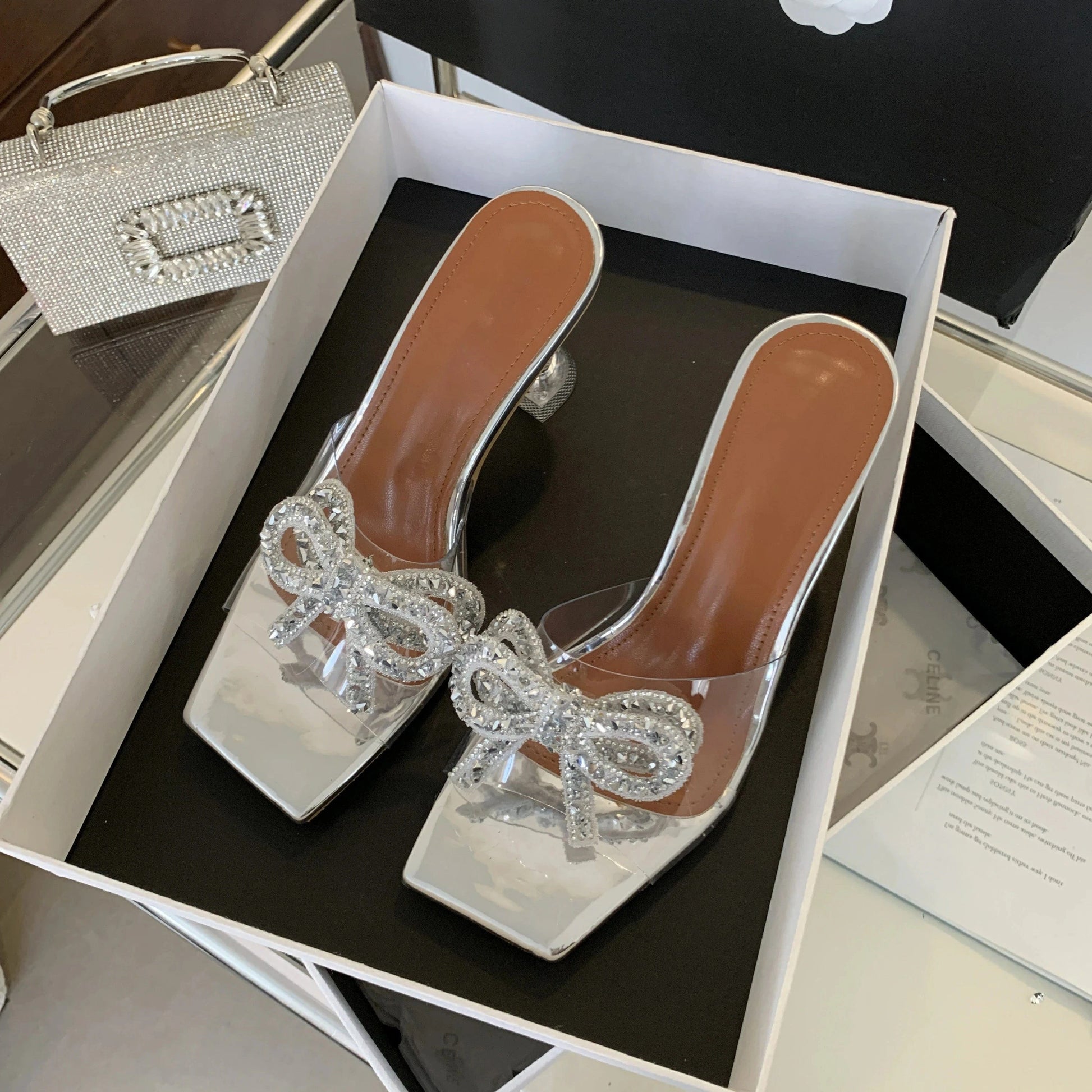 Silver high-heeled shoes new crystal heel transparent heel rhinestone bow sandals women's shoes