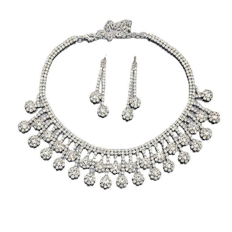 silver Hoyon Luxury Sparking Brilliant Cubic Zircon Drop Earrings Necklace Heavy Dinner Jewelry Set Wedding Bridal Dress Accessories