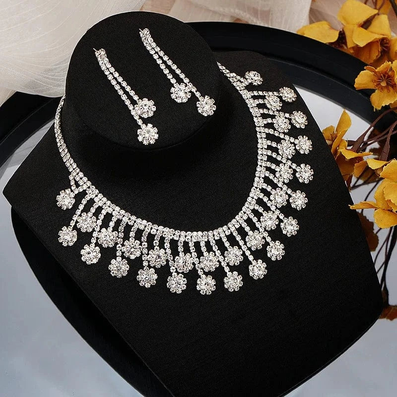 silver Hoyon Luxury Sparking Brilliant Cubic Zircon Drop Earrings Necklace Heavy Dinner Jewelry Set Wedding Bridal Dress Accessories