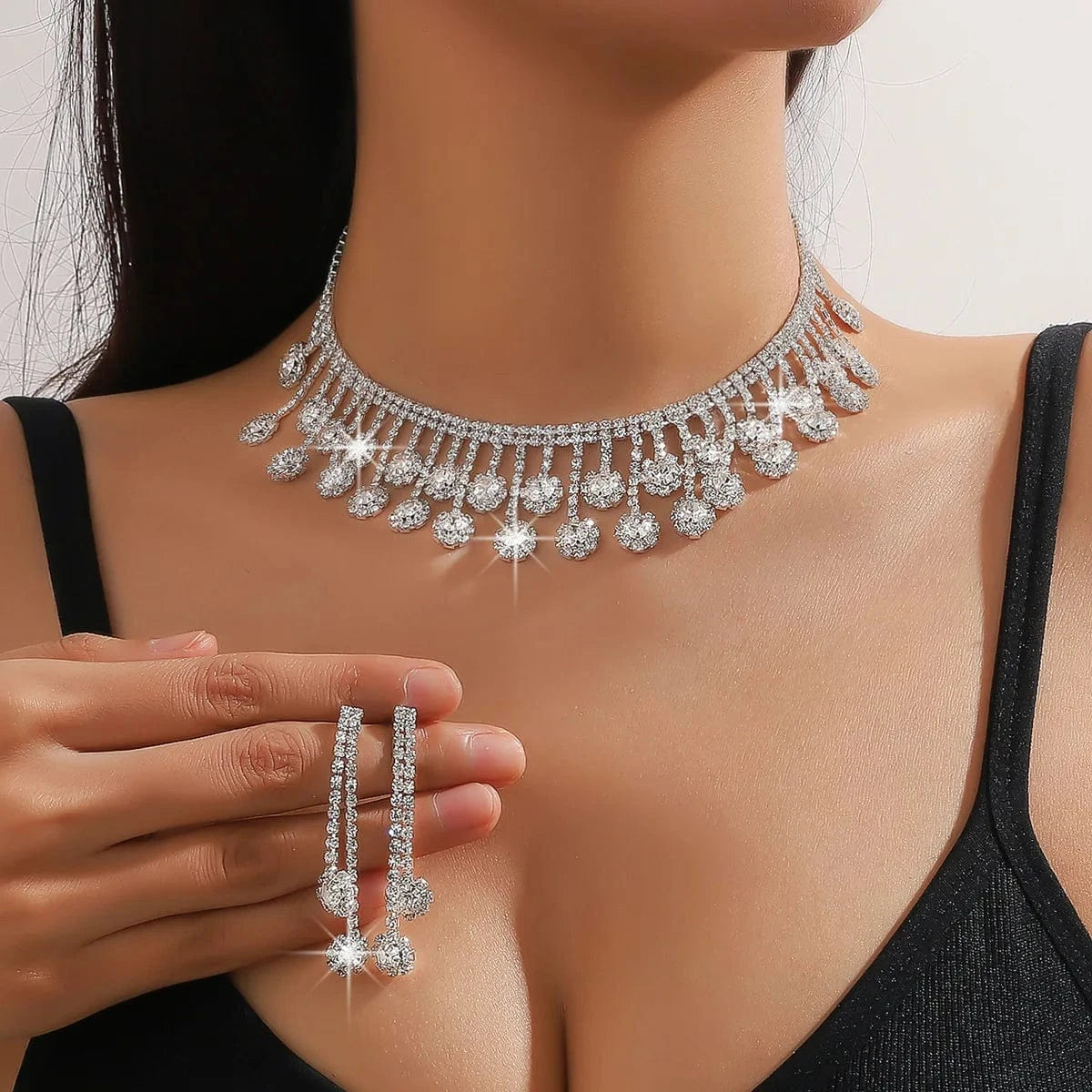 silver Hoyon Luxury Sparking Brilliant Cubic Zircon Drop Earrings Necklace Heavy Dinner Jewelry Set Wedding Bridal Dress Accessories