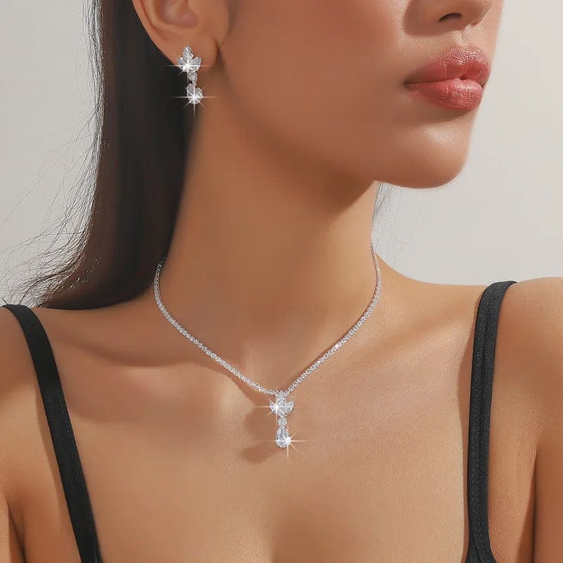 silver Hoyon Rhinestones welded temperament inlaid zircon earrings necklace simple set clover flower set