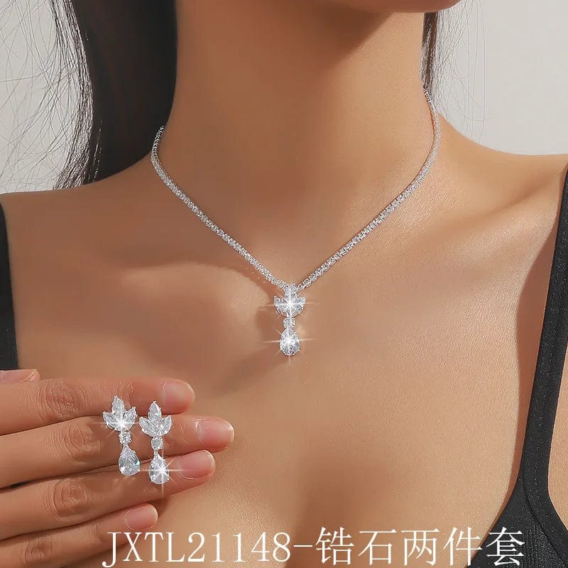 silver Hoyon Rhinestones welded temperament inlaid zircon earrings necklace simple set clover flower set