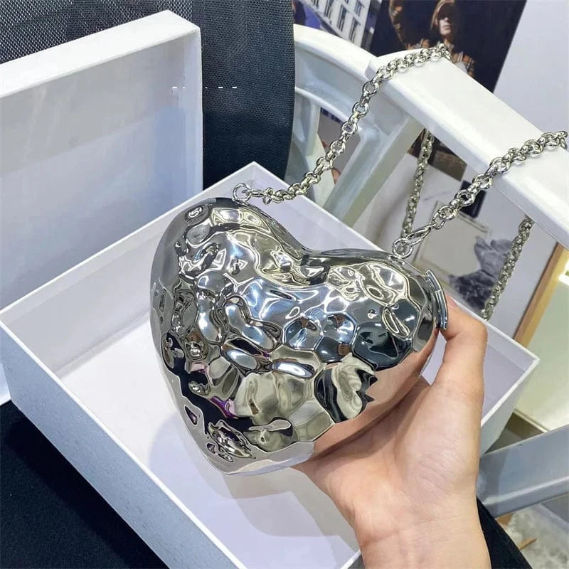 silver IDOIT Latest Metallic Heart Box Bag Crossbody Magnetic Bags Handbags For Women Heart Shaped PVC Bag