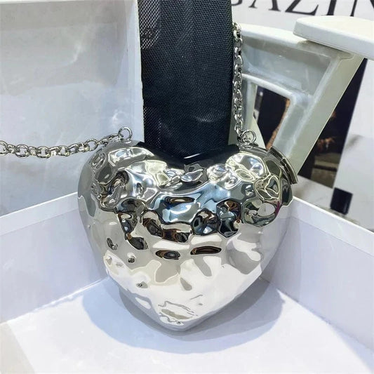 silver IDOIT Latest Metallic Heart Box Bag Crossbody Magnetic Bags Handbags For Women Heart Shaped PVC Bag