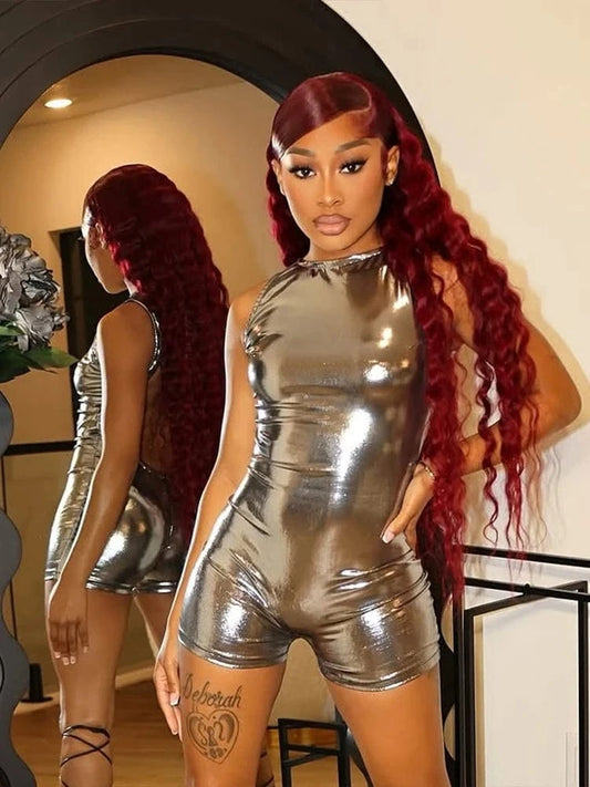 Silver / L Weird Puss Silky Sexy Playsuit Women Backless Coquette Sleeveless Summer Hipster Shiny Skinny Fit Stretch Activity Club Romper