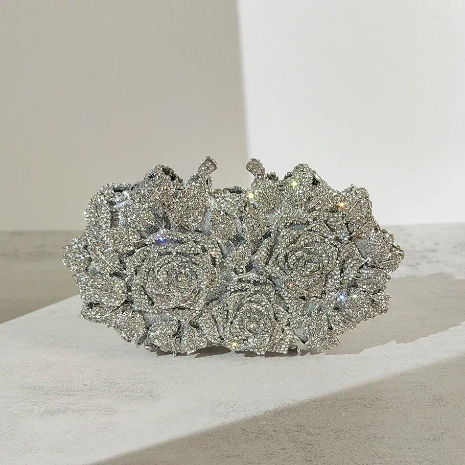 Silver / L21 x W4.5 x H12cm Alizekerr Rose Crystal Evening Clutch Bags Women New Luxury Boutique Sparkling Diamond Flower Purses And Handbags Wedding Party