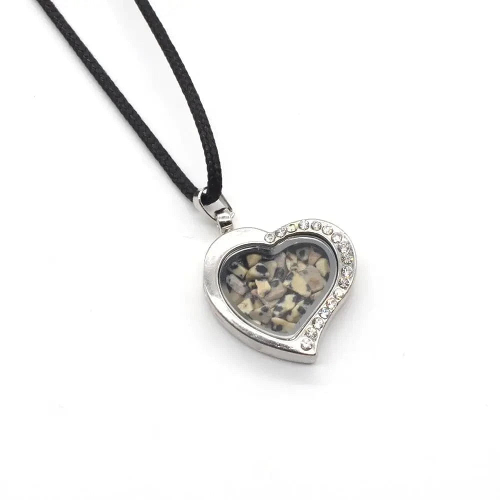 Silver Love Heart Crystal Pendant Necklace 18" Black Cord for women Men 3-8MM Raw Chip Gemstone Open Wishing Choker Jewelry