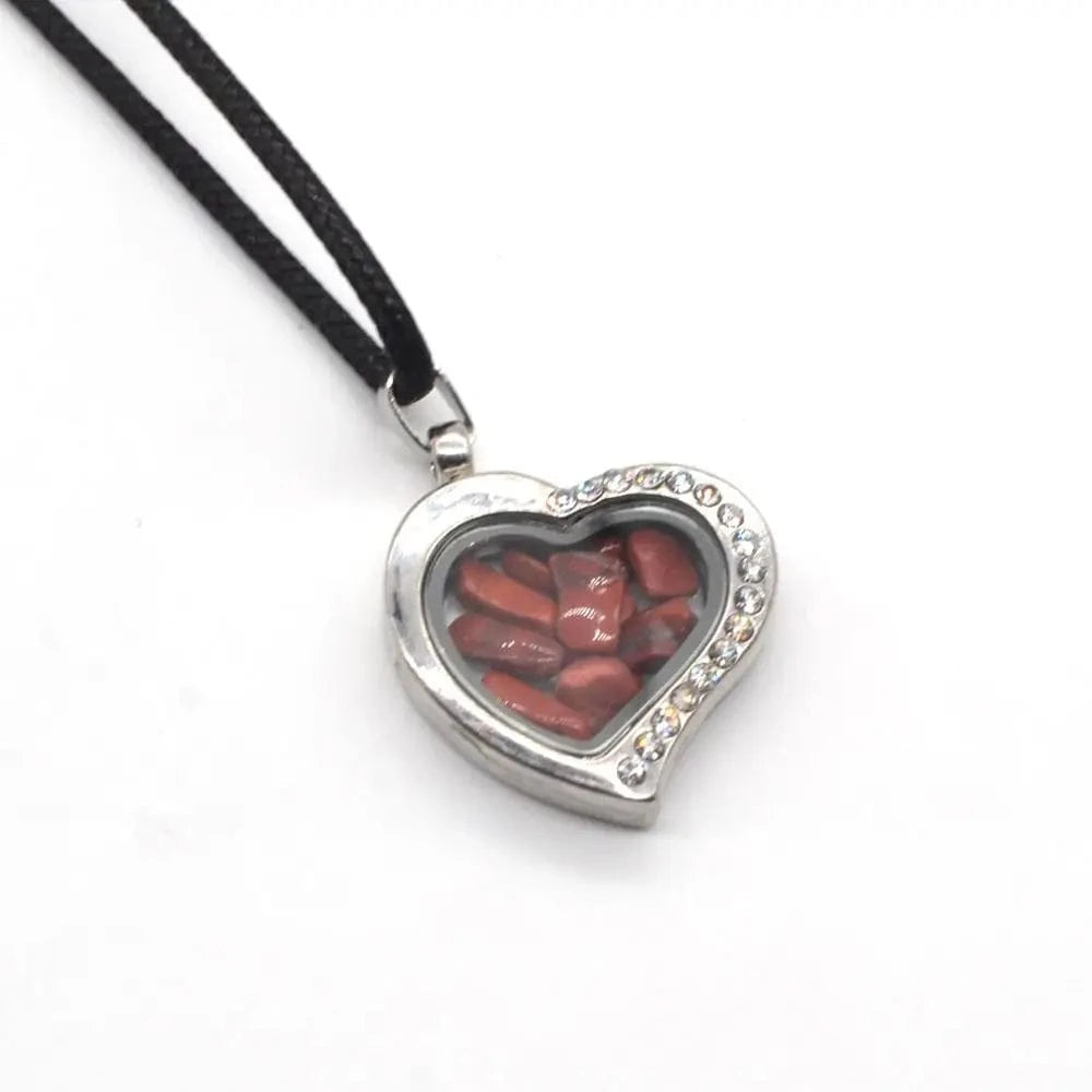 Silver Love Heart Crystal Pendant Necklace 18" Black Cord for women Men 3-8MM Raw Chip Gemstone Open Wishing Choker Jewelry