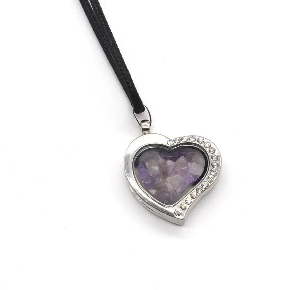 Silver Love Heart Crystal Pendant Necklace 18" Black Cord for women Men 3-8MM Raw Chip Gemstone Open Wishing Choker Jewelry