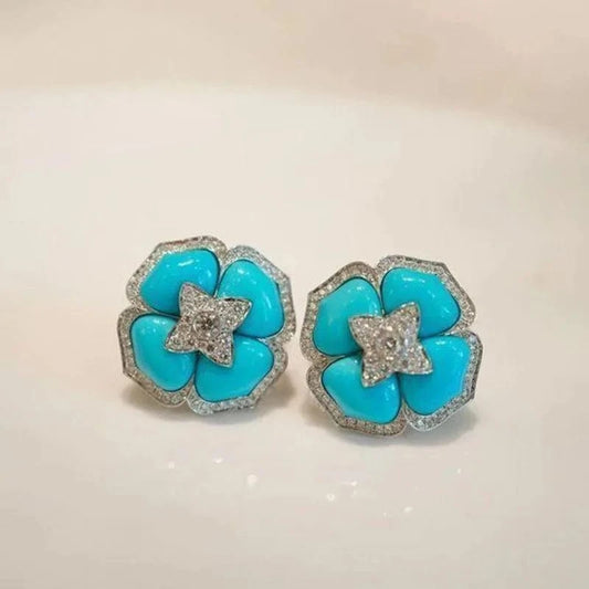 Silver Luxury and fashionable turquoise earings stud with silver inlaid blue flower earrings for women classic wedding jewelry gift