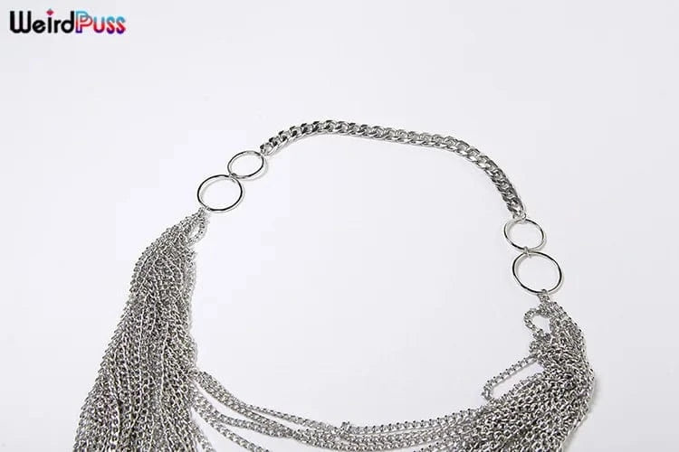 Silver / One Size Weird Puss Multilayer Chain Women Crop Tops Halter Backless Low Chest Sexy Fashion Hot Girls Rave Party Nightclub Coquette Vest