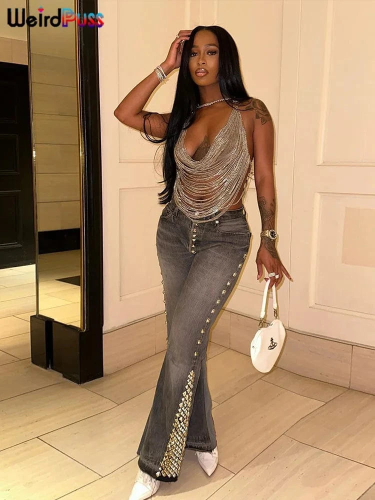 Silver / One Size Weird Puss Multilayer Chain Women Crop Tops Halter Backless Low Chest Sexy Fashion Hot Girls Rave Party Nightclub Coquette Vest