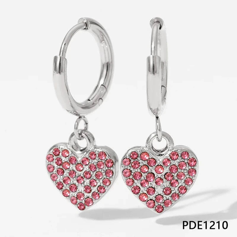 Silver-Pink Dainty Heart Pendant Paved Colorful Full Zircon Drop Hoop Earring Stainless Steel New Charm Earrings 2024 For Women