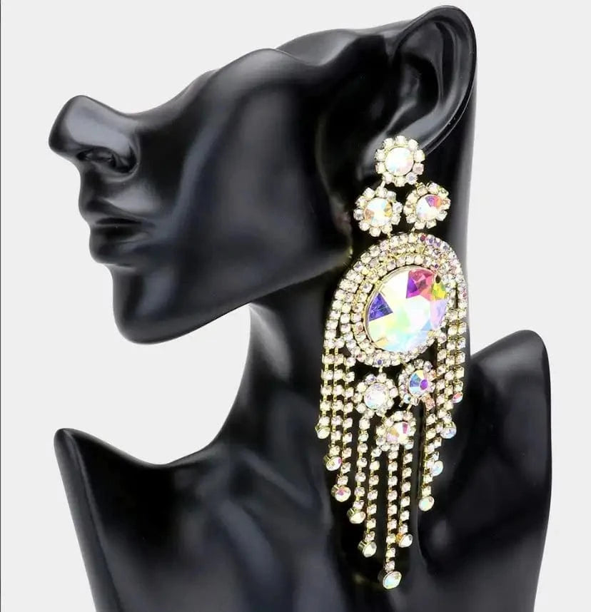 Silver Plated / AB Fashion Rhinestone Long Tassel Earrings Exaggerated Round Crystal Stud Earrings 2022 Jewelry for Queen Party