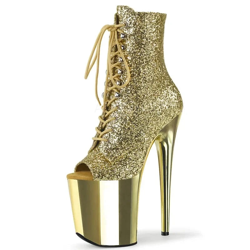Silver plated glittering powder high heels 20 cm thin heel thick bottom platform high heels short boots steel tube dance high he