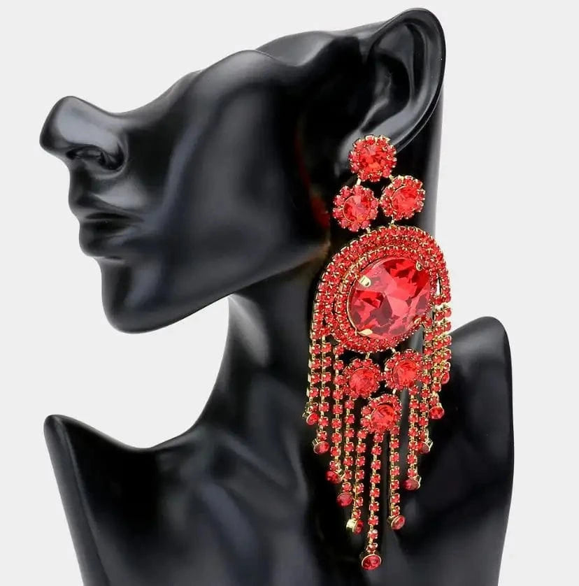 Silver Plated / Red Fashion Rhinestone Long Tassel Earrings Exaggerated Round Crystal Stud Earrings 2022 Jewelry for Queen Party