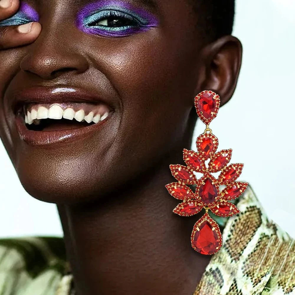 Silver Plated / Red Luxury Women Crystal Large Size Drop Earrings Trendy Rhinestone Statement Earrings Jewelry Wholesale