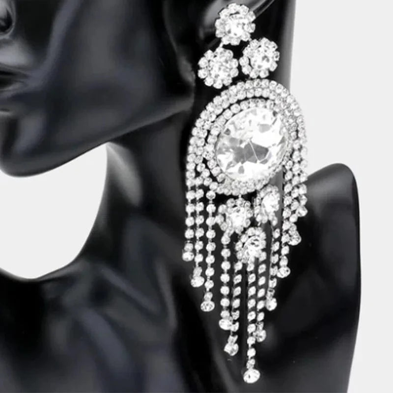 Silver Plated / White Fashion Rhinestone Long Tassel Earrings Exaggerated Round Crystal Stud Earrings 2022 Jewelry for Queen Party