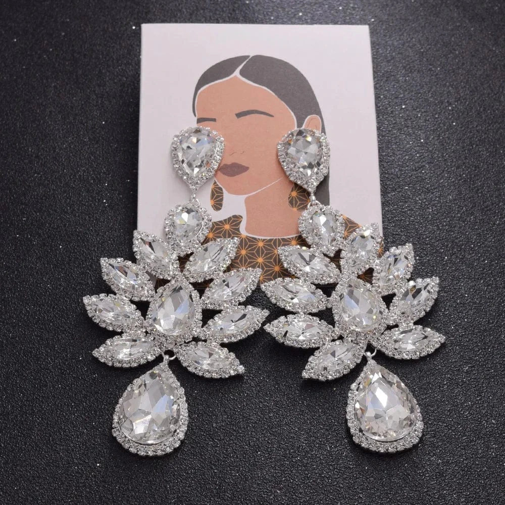 Silver Plated / White Luxury Women Crystal Large Size Drop Earrings Trendy Rhinestone Statement Earrings Jewelry Wholesale