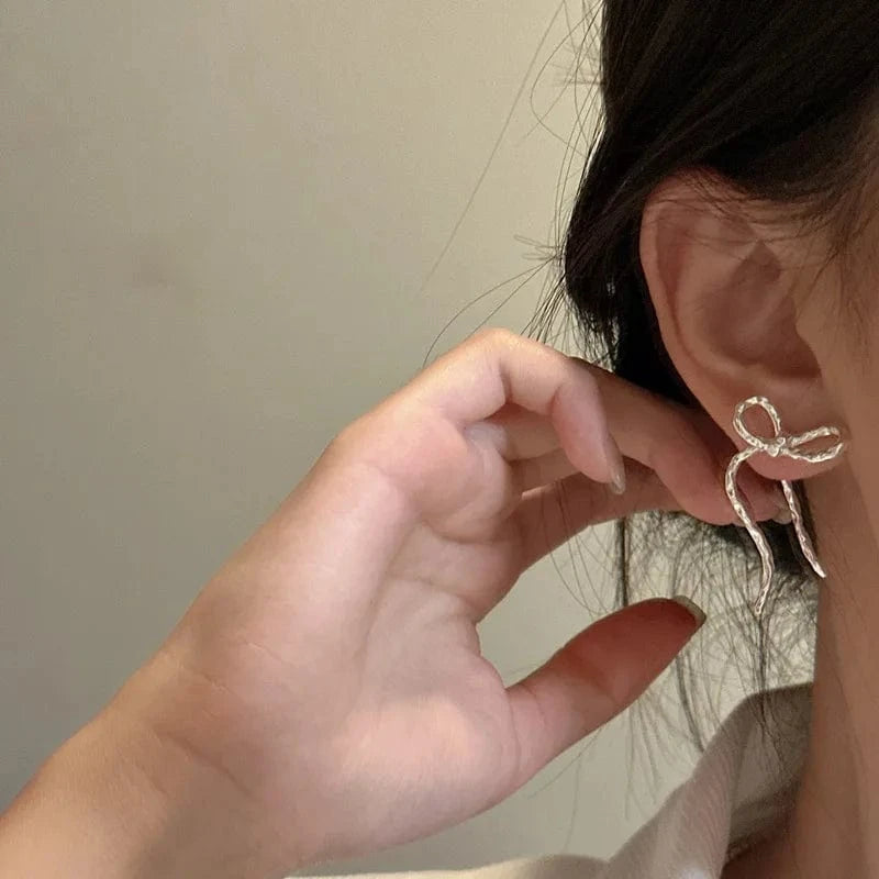 silver Retro 925 Sterling Silver Geometric Big Chunky Bowknot Stud Earrings Women Boutique Jewelry