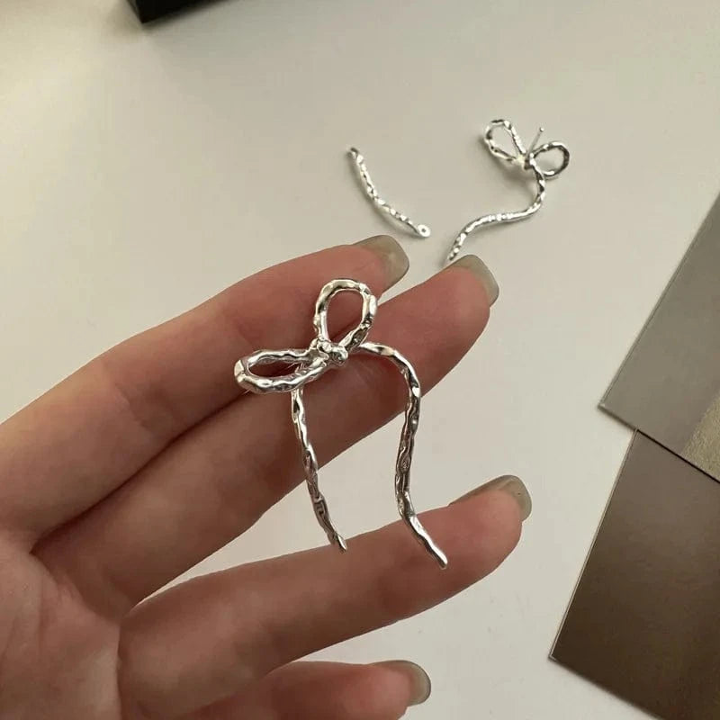 silver Retro 925 Sterling Silver Geometric Big Chunky Bowknot Stud Earrings Women Boutique Jewelry