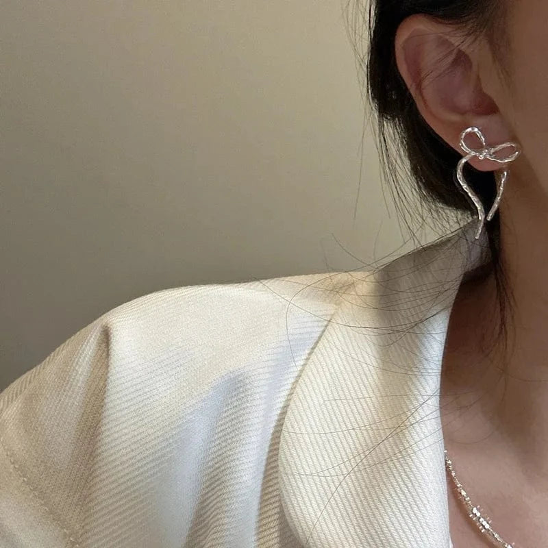 silver Retro 925 Sterling Silver Geometric Big Chunky Bowknot Stud Earrings Women Boutique Jewelry