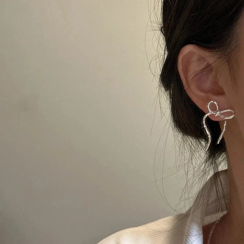 silver Retro 925 Sterling Silver Geometric Big Chunky Bowknot Stud Earrings Women Boutique Jewelry