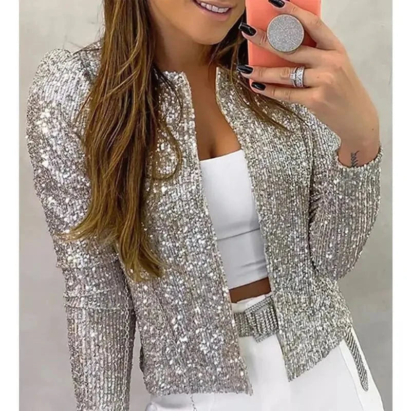 Silver / S Gold Purple Shiny Sequins Round Neck Cardigan Jacket Women Fashion Short Coat Silver Blue Nothing Red Outerwear Female Overcoat