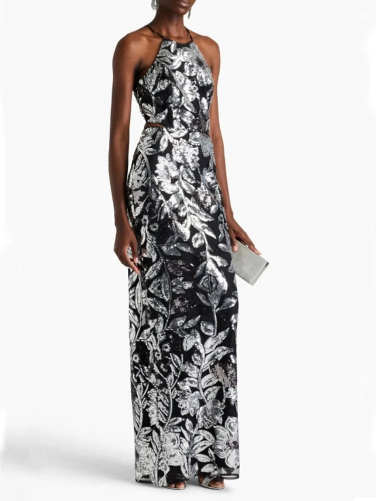 Silver Sequins / M / CHINA Women's Summer New Casual O-Neck Dress Sexy Skirt Hem Slit Hollow Backless Lace-up Fashion Sequins Loose Dress Evening Party