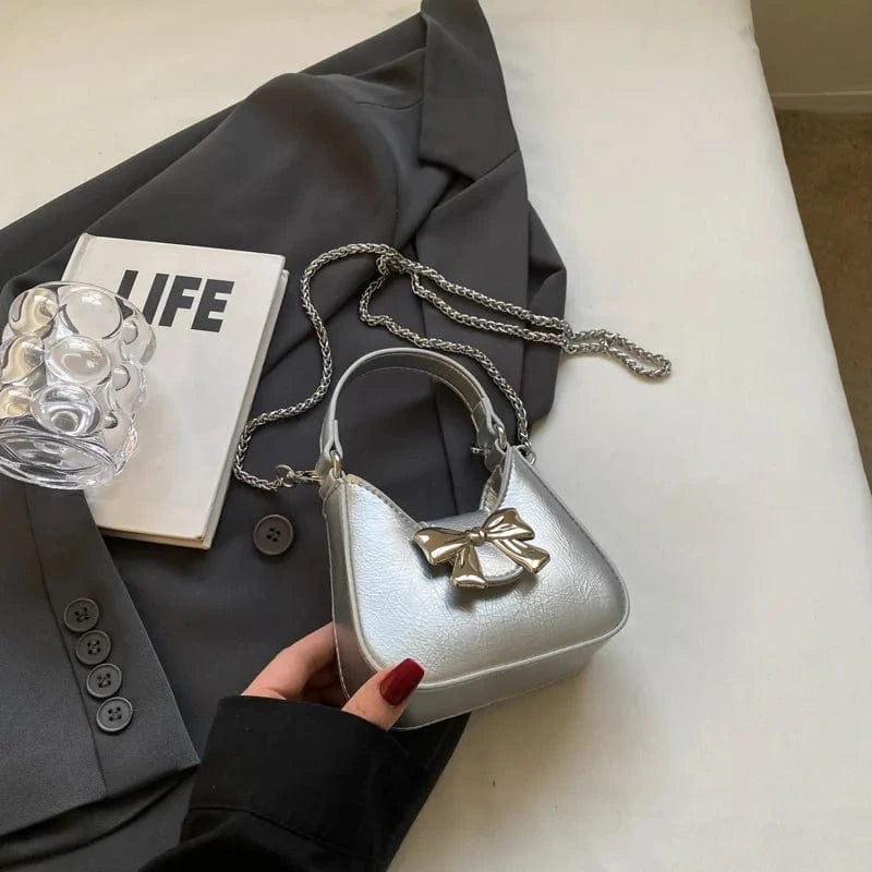 silver Small Design Small PU Leather Half-moon Shoulder Bags for Women 2024 Retro Vintage Female Underarm Bag Sweet Bow Handbags and Purses