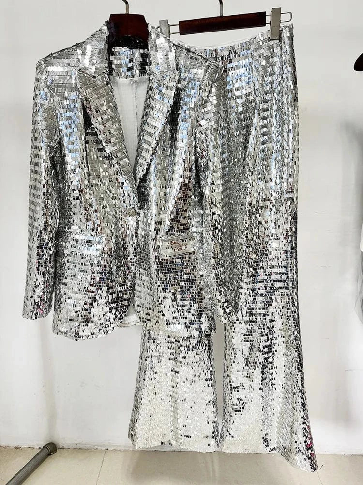 Silver / XL HIGH STREET Newest 2025 Stylish Designer Suit Set Women's Trim Single Button mesh Sequined Blazer  Pants Set