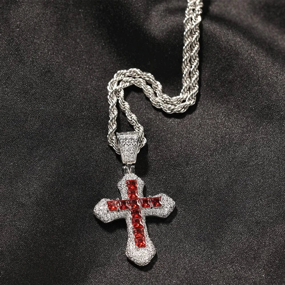 Silver Zircon Fashion Cross Necklace Red Blue Stones Man Women Hip Hop Jewelry Ins Personality Diamond Pendant