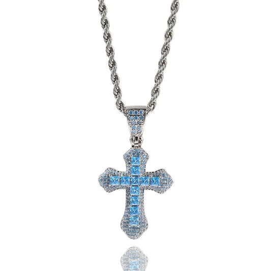 Silver Zircon Fashion Cross Necklace Red Blue Stones Man Women Hip Hop Jewelry Ins Personality Diamond Pendant