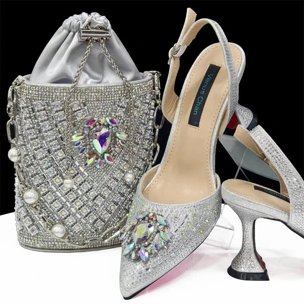 silvery / 40 Turkey African Italian Luxury Fashion Party Ladies Shoes Set Women Matching Bag for Women