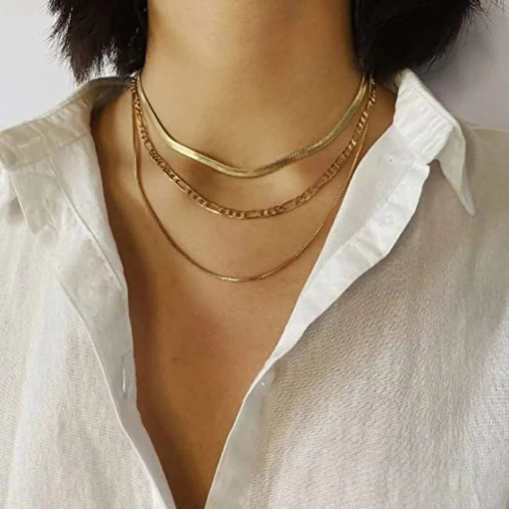 simple / 15inches / N2398 N2398 New Arrival Stainless Steel Flat Snake Herringbone Chain Three Layer Figaro Chains Necklace