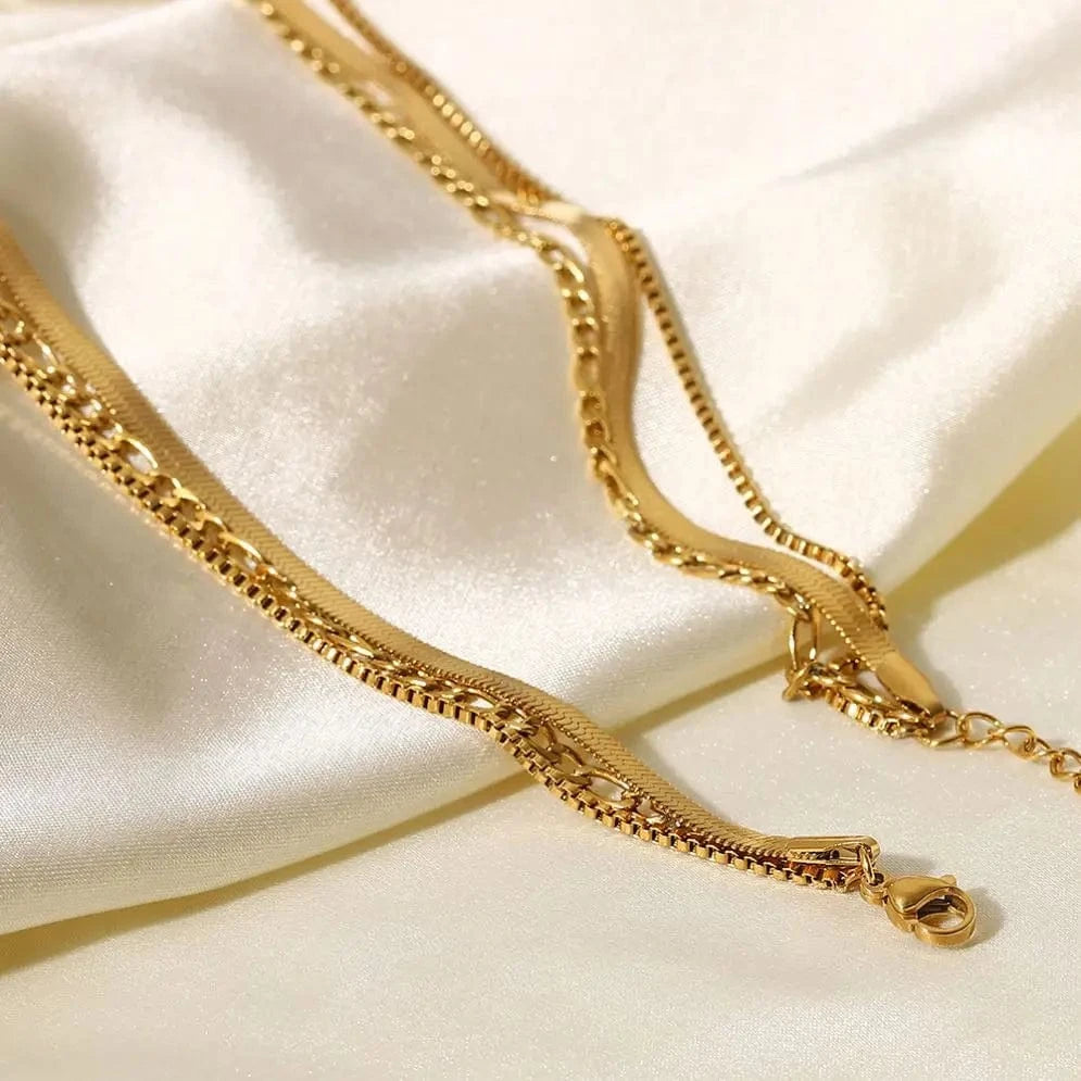 simple / 15inches / N2398 N2398 New Arrival Stainless Steel Flat Snake Herringbone Chain Three Layer Figaro Chains Necklace