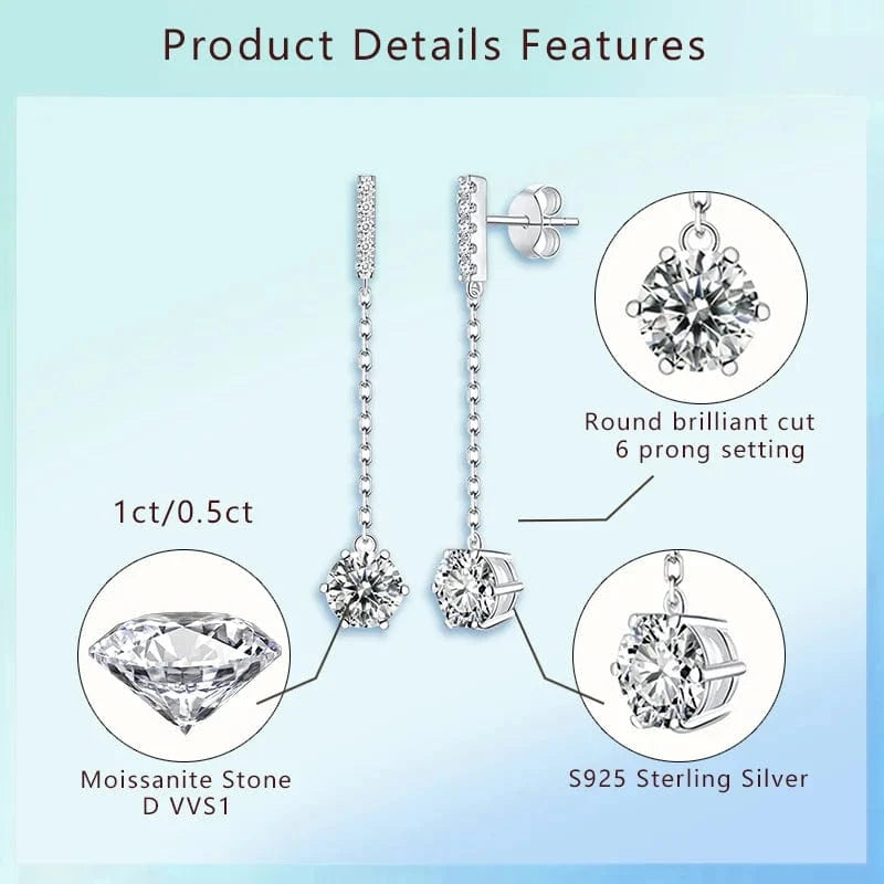 simple 6 prong 1ct 0.5ct round cut mossanite silver drop dangle earring jewelry 925 silver gemstone drop earrings