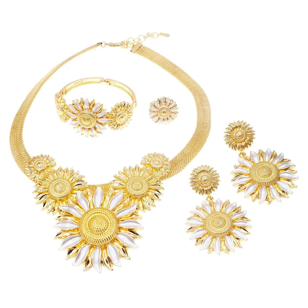 simple / Gold Yulaili Women Dubai Jewelry Set Wedding For Bride Rings Earring African Earrings Bohemian sun flower shape Necklace Jewelry Sets