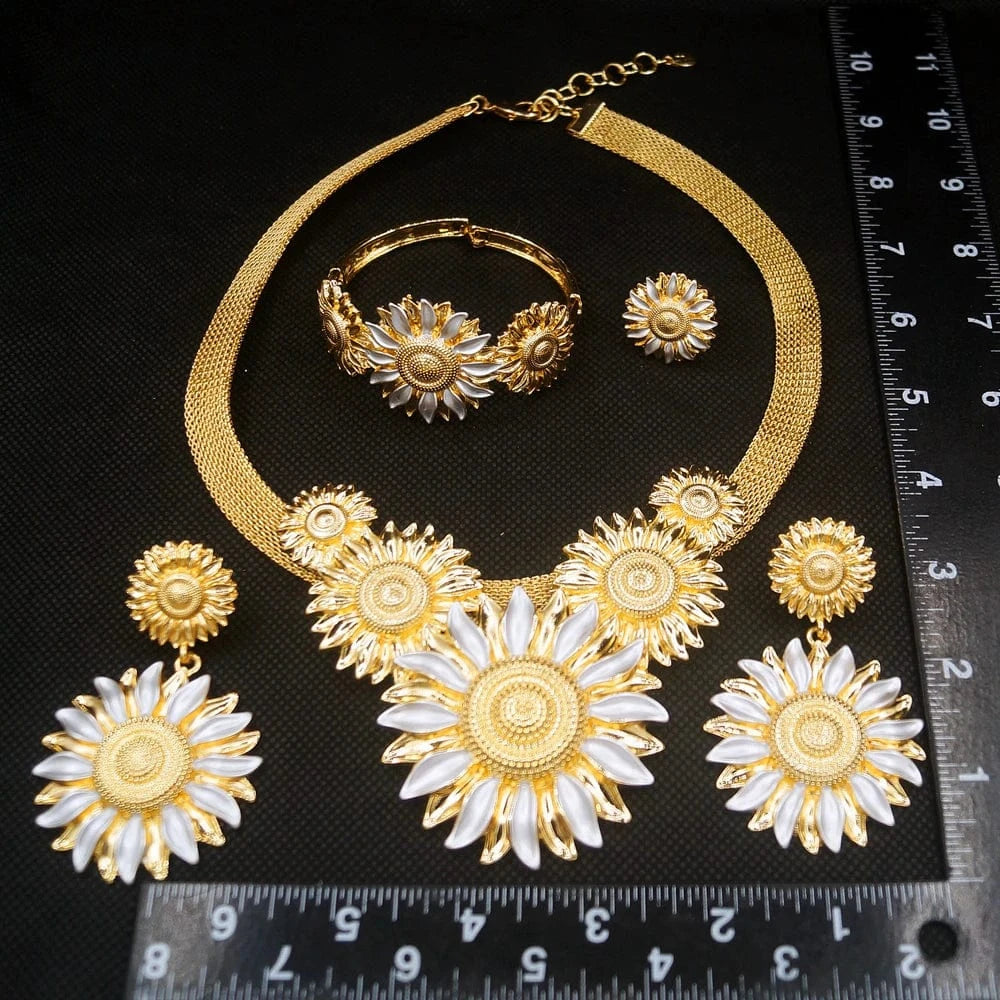 simple / Gold Yulaili Women Dubai Jewelry Set Wedding For Bride Rings Earring African Earrings Bohemian sun flower shape Necklace Jewelry Sets