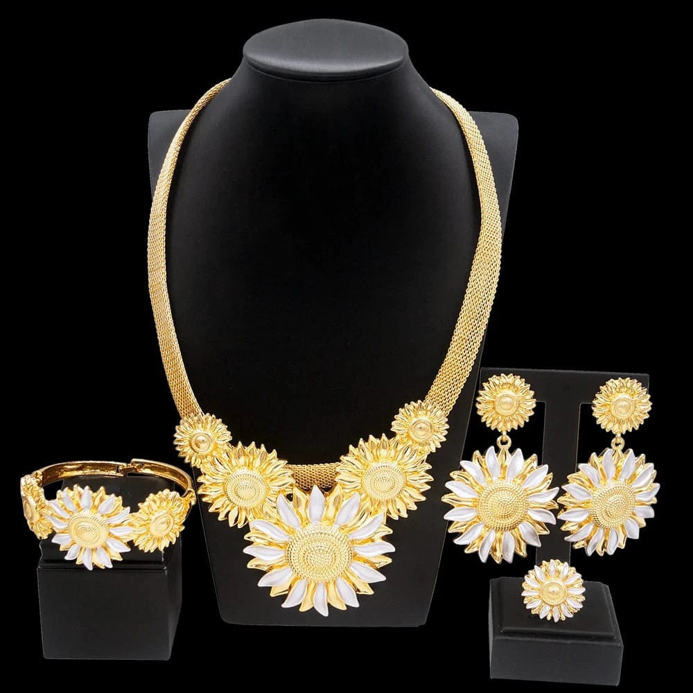 simple / Gold Yulaili Women Dubai Jewelry Set Wedding For Bride Rings Earring African Earrings Bohemian sun flower shape Necklace Jewelry Sets