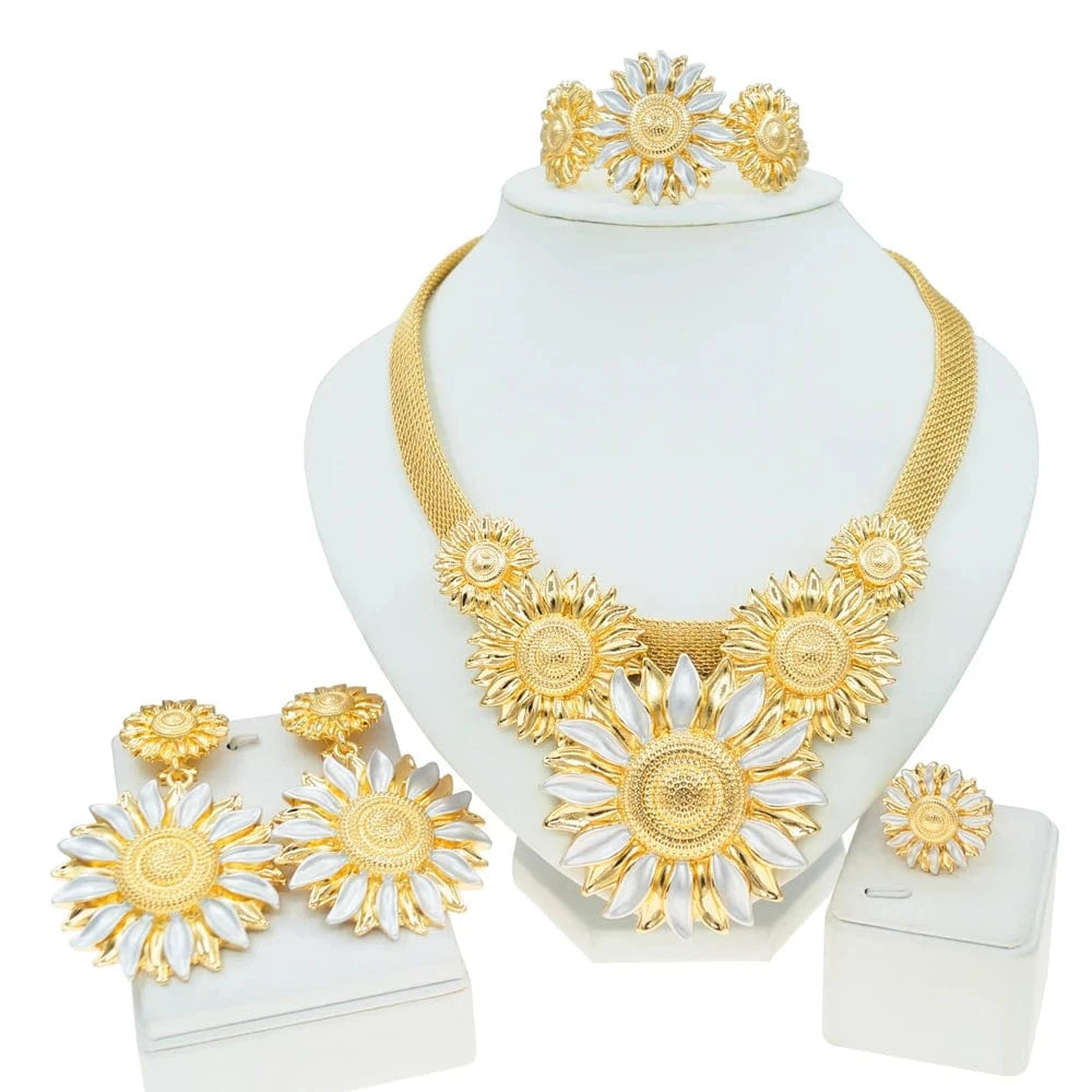 simple / Gold Yulaili Women Dubai Jewelry Set Wedding For Bride Rings Earring African Earrings Bohemian sun flower shape Necklace Jewelry Sets