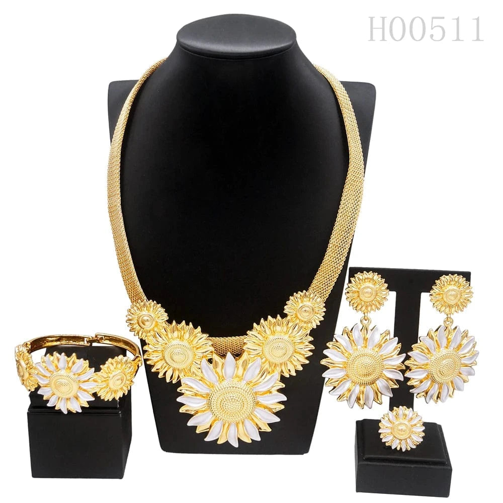simple / Gold Yulaili Women Dubai Jewelry Set Wedding For Bride Rings Earring African Earrings Bohemian sun flower shape Necklace Jewelry Sets
