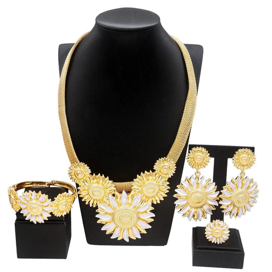 simple / Gold Yulaili Women Dubai Jewelry Set Wedding For Bride Rings Earring African Earrings Bohemian sun flower shape Necklace Jewelry Sets