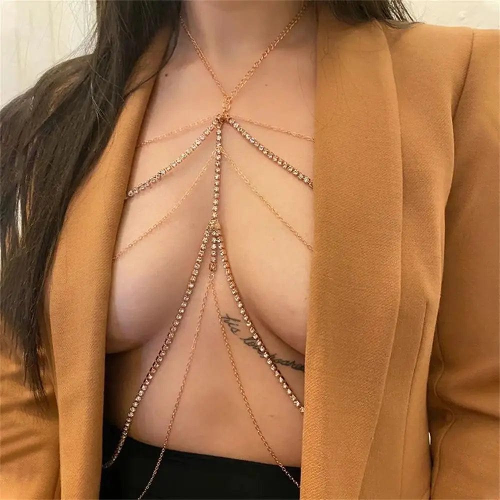 Simple Layered Full Rhinestone Necklace Bra Chain Shiny Thin Chain Underwear Chest Body Jewelry Chain For Women Girl Gift