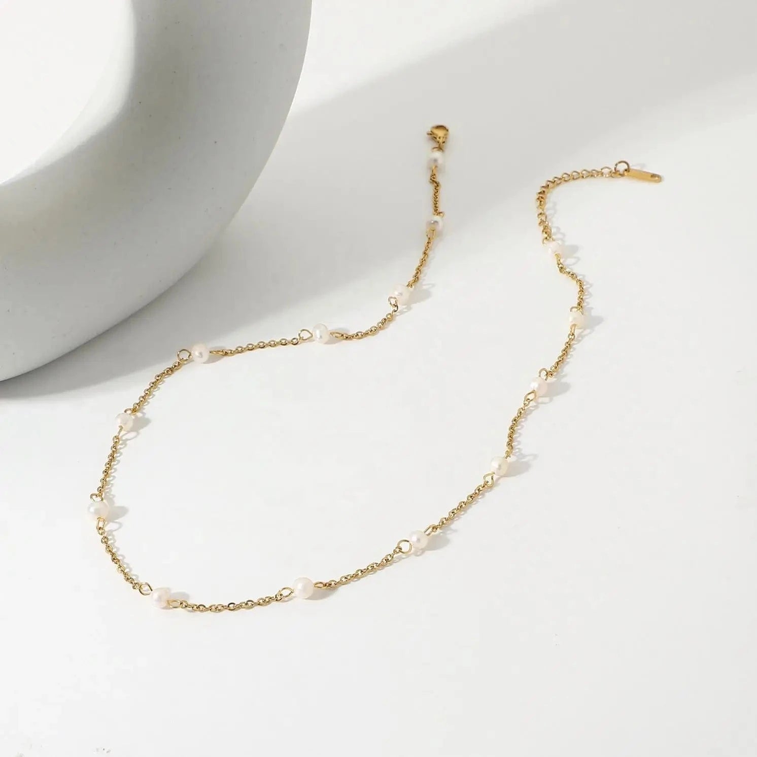 simple / N2507 N2507 New Arrival 18K Gold Plated Pearl Charms Necklace Stainless Steel Link Chain Small Pearl Necklace