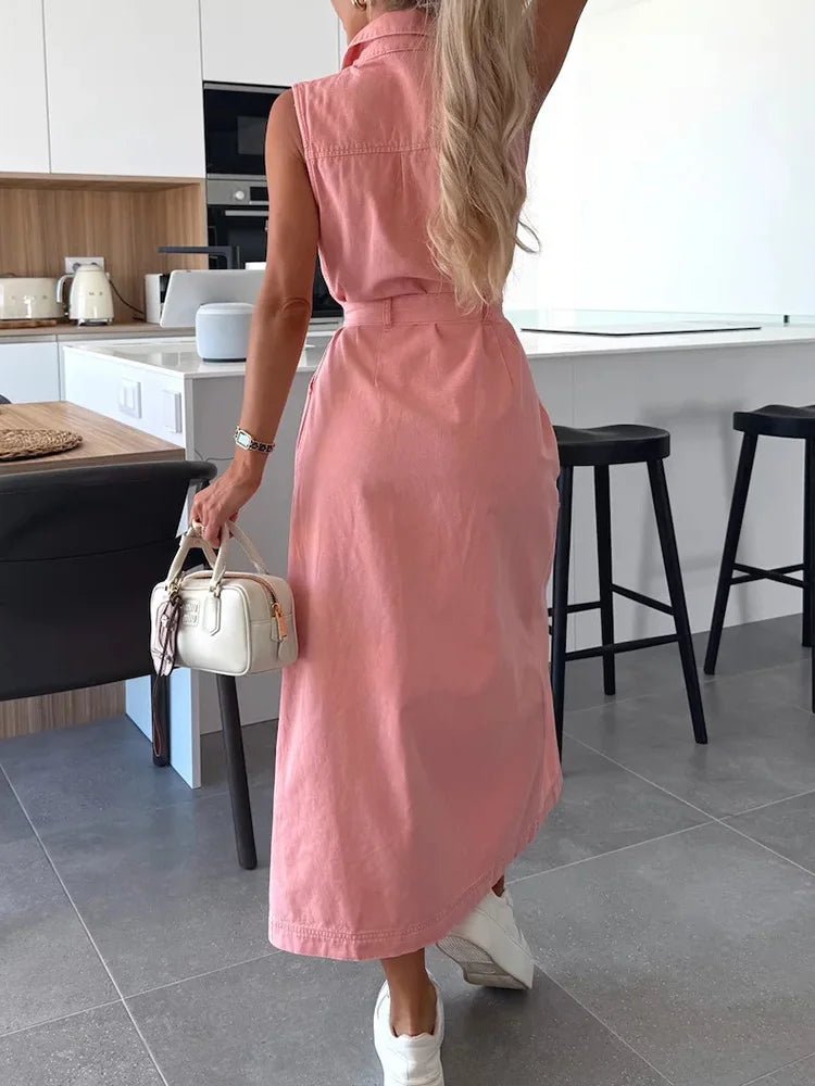 Single - Breasted Lace - Up Cardigan Dress, Women Summer Denim Style Sleeveless Maxi Dress, 2025 Solid Turn - Down Collar Ladies Dress - SN Wigs & More