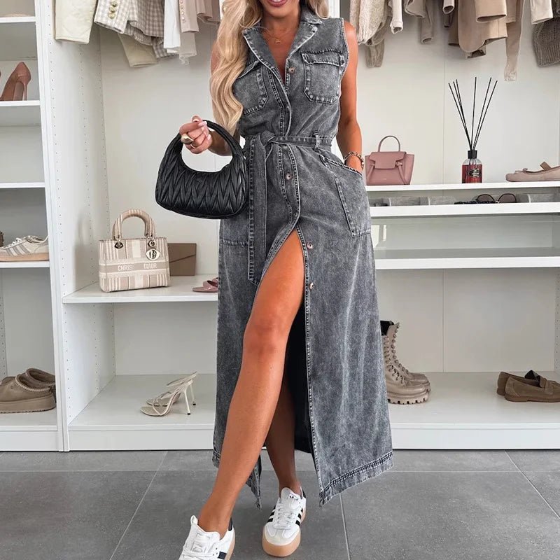 Single - Breasted Lace - Up Cardigan Dress, Women Summer Denim Style Sleeveless Maxi Dress, 2025 Solid Turn - Down Collar Ladies Dress - SN Wigs & More